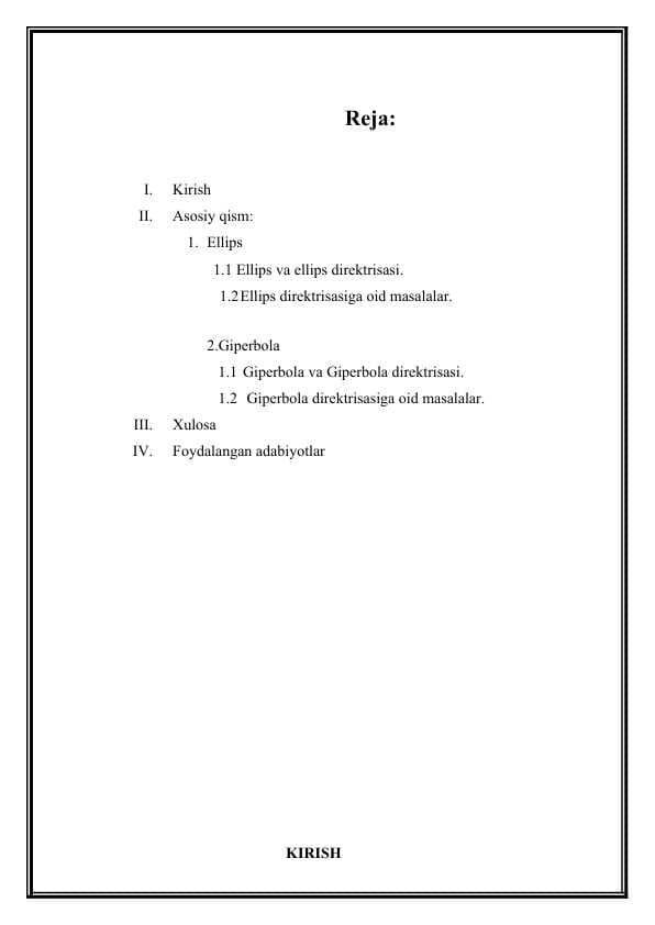 Ellips va giperbola mavzusida kurs ishi