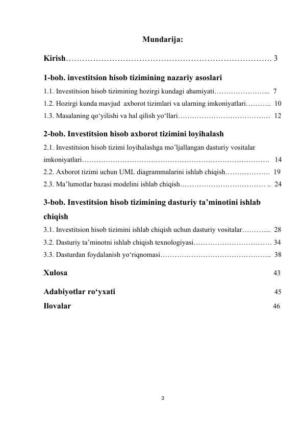 Investitsion hisob tizimini ishlab chiqish va loyihalash