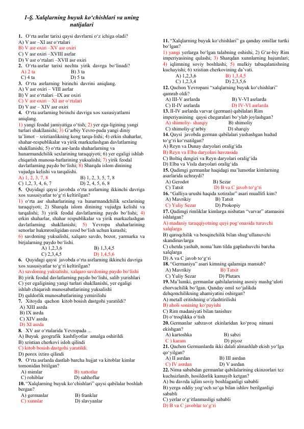 7-sinf jahon tarixi yangi testlar