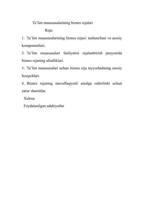 Ta'lim muassasalarining biznes rejalari
