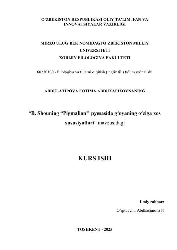 Ресuliаritiеs оf idеа in B. Shаwʼs рlаy Рygmаliоn KURS ISHI