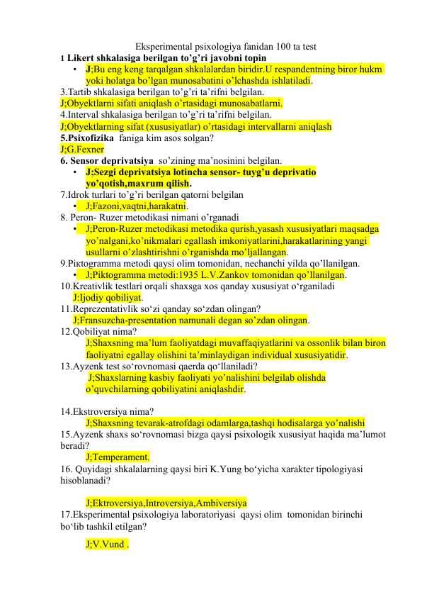 Eksperimental psixologiya fanidan 100 ta test
