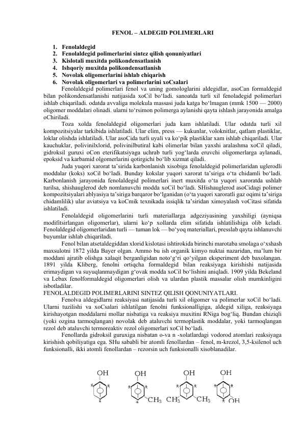 FENOL – ALDEGID POLIMERLARI