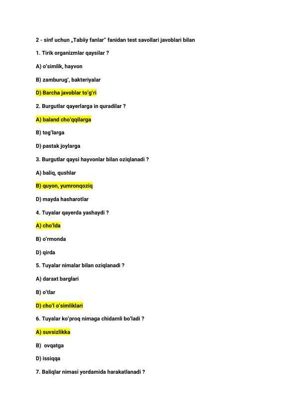 2 - sinf uchun „Tabiiy fanlar” fanidan Test savollari javoblari bilan N_25 ta