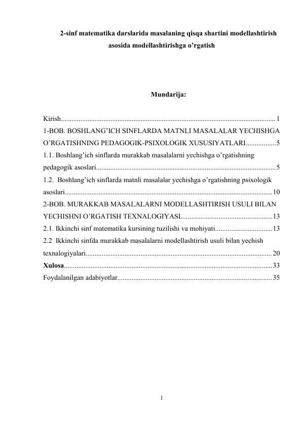 2-sinf matematika darslarida masalaning qisqa shartini modellashtirish asosida modellashtirishga o’rgatish