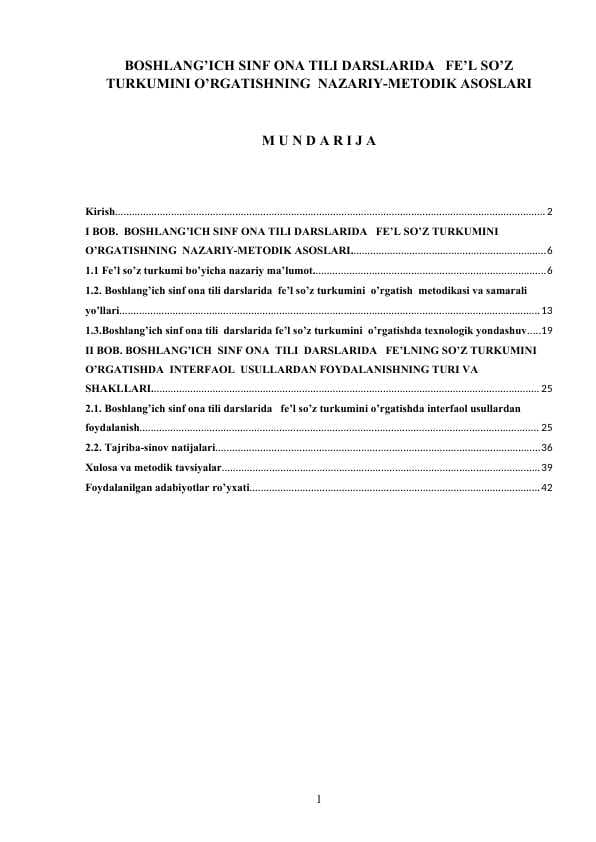 BOSHLANG’ICH SINF ONA TILI DARSLARIDA   FE’L SO’Z TURKUMINI O’RGATISHNING  NAZARIY-METODIK ASOSLARI