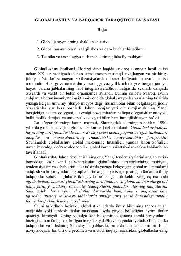 GLOBALLASHUV VA BARQAROR TARAQQIYOT FALSAFASI
