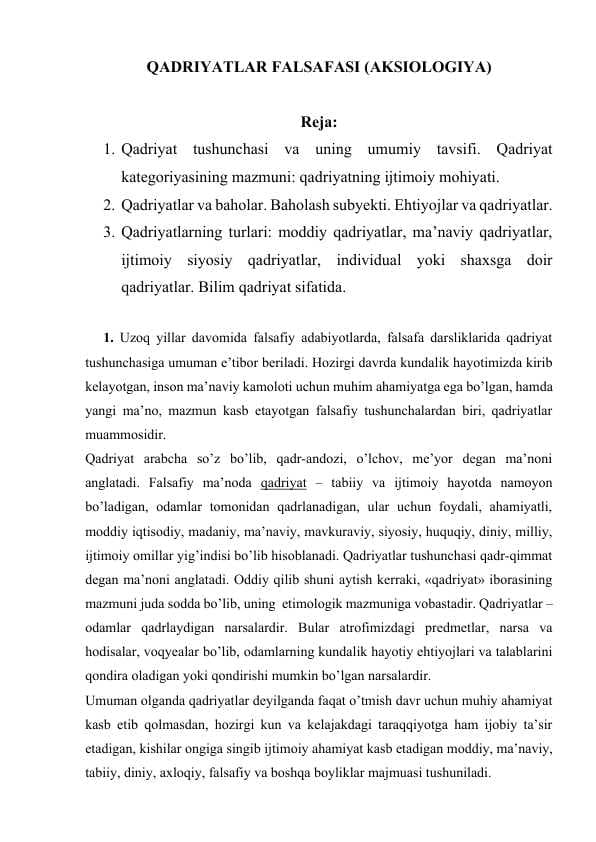QADRIYATLAR FALSAFASI (AKSIOLOGIYA)