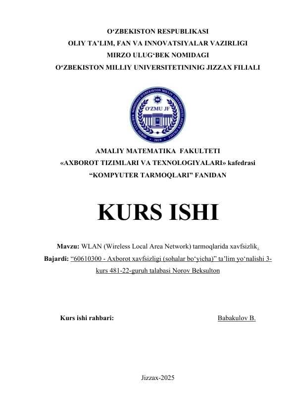 WLAN (Wireless Local Area Network) tarmoqlarida xavfsizlik.