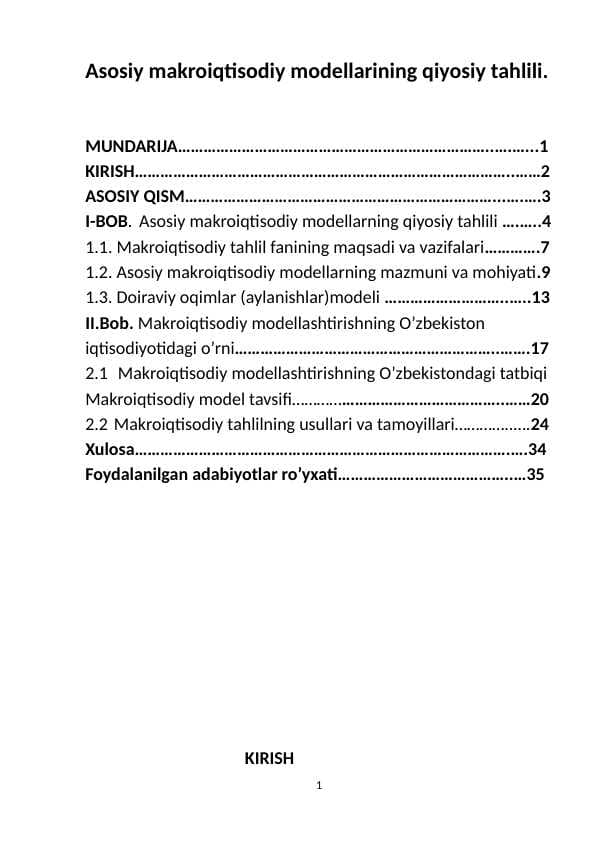 Asosiy makroiqtisodiy modellarining qiyosiy tahlili.