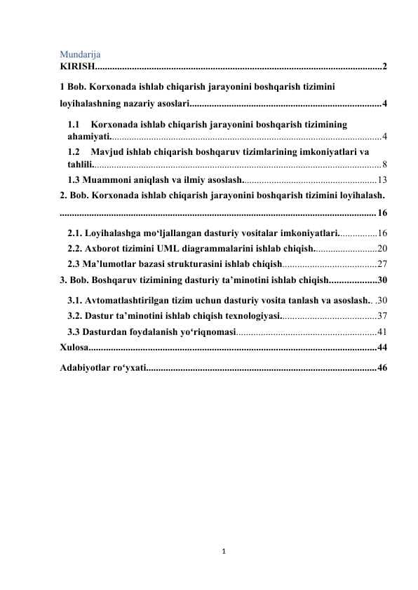 Korxonada ishlab chiqarish jarayonini boshqarish tizimini loyihalash.