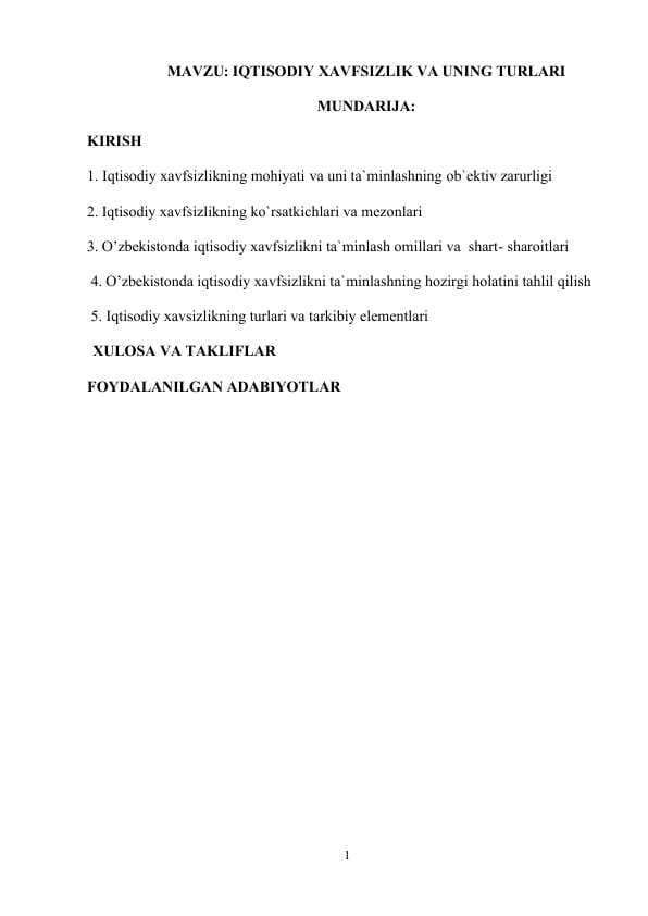IQTISODIY XAVFSIZLIK VA UNING TURLARI