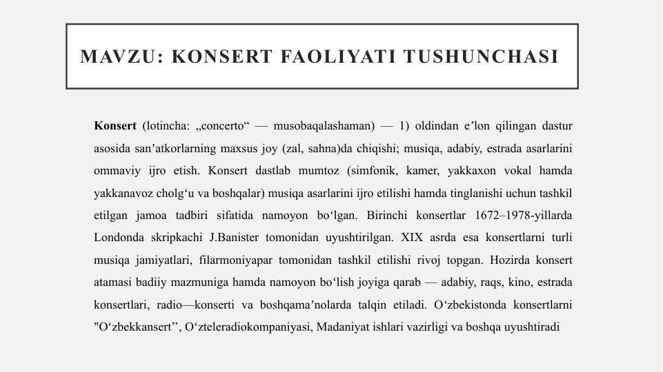 konsert faoliyati tushunchasi
