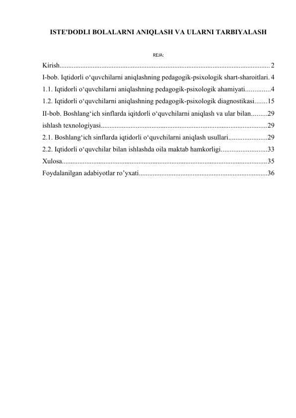 ISTE'DODLI BOLALARNI ANIQLASH VA ULARNI TARBIYALASH