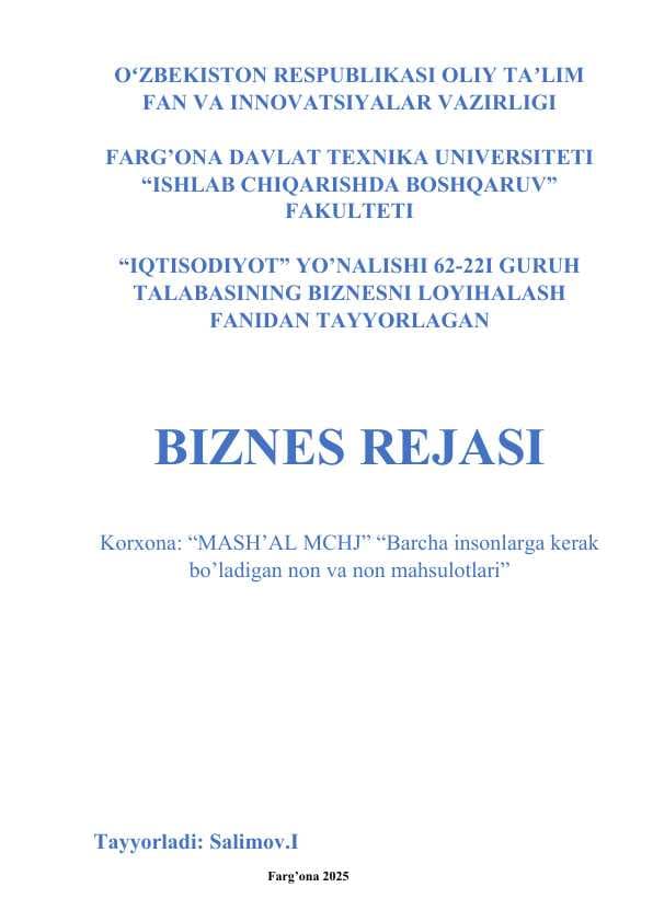 Biznes loyihalash. Biznes reja, Ishlab chiqarish korxonasi boʻyicha tayyorlangan.