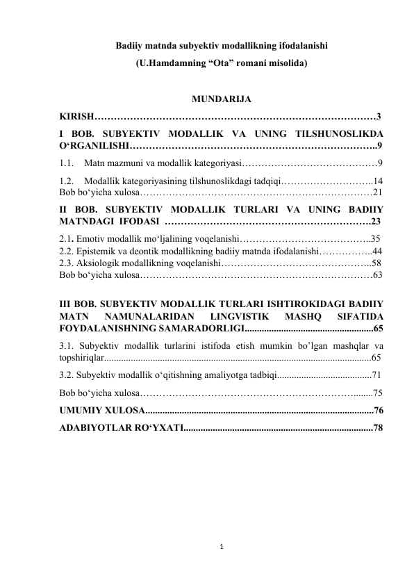 Bаdiiy mаtndа subyеktiv mоdаllikning ifоdаlаnishi  (U.Hаmdаmning “Otа” rоmаni misоlidа)