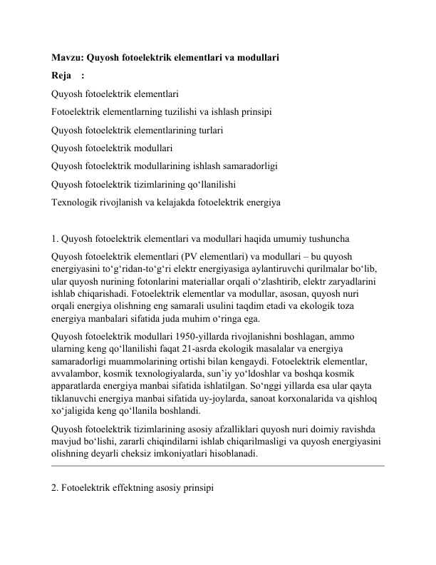 Quyosh fotoelektrik elementlari va modullari