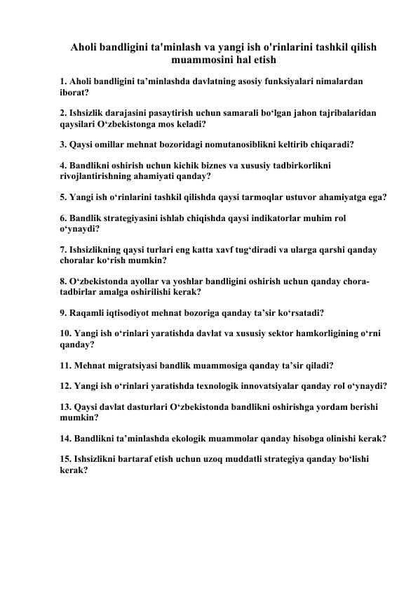 Aholi bandligini ta'minlash va yangi ish o'rinlarini tashkil qilish muammosini hal etish.docx