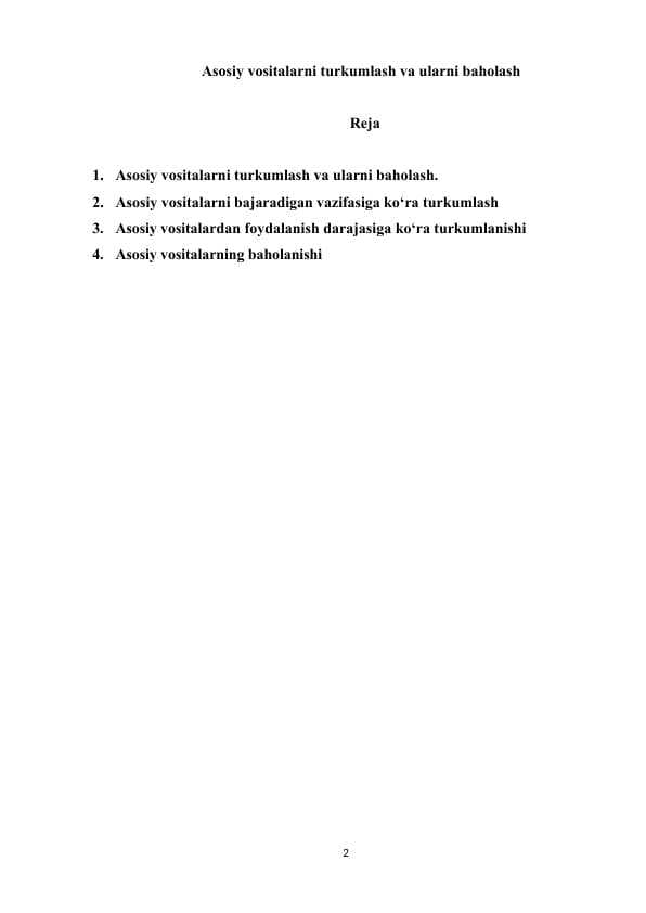 Asosiy vositalarni turkumlash va ularni baholash.docAsosiy vositalarni turkumlash va ularni baholash.doc