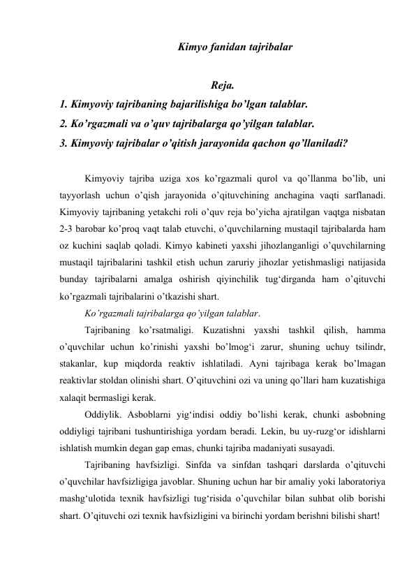 Kimyo fanidan tajribalar