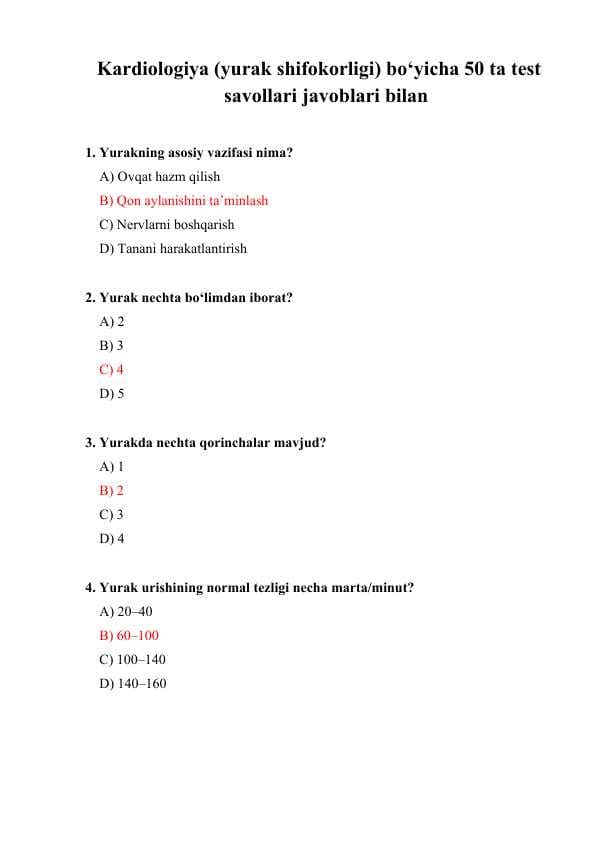 Kardiologiya (yurak shifokorligi) bo‘yicha 50 ta test savollari javoblari bilan
