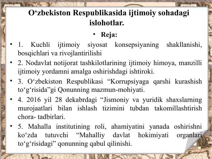 O‘zbekiston Respublikasida ijtimoiy sohadagi islohotlar