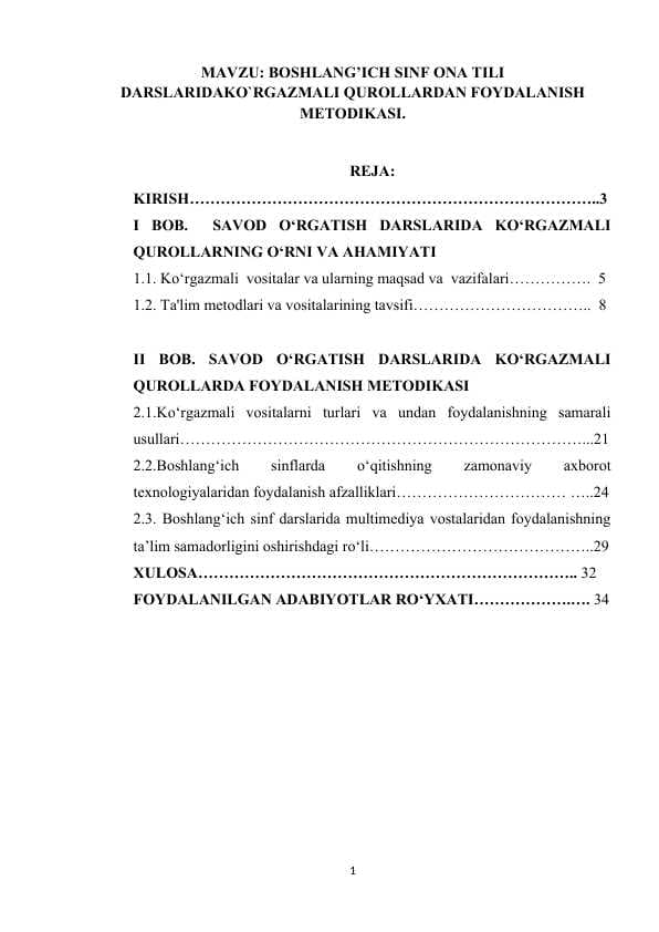Boshlang`ich sinf ona tili darslarida koʻrgazmali qurollardan foydalanish metodikasi