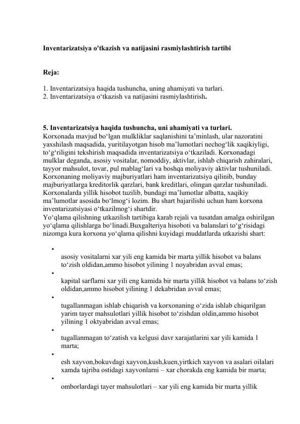 Inventarizatsiya o'tkazish va natijasini rasmiylashtirish tartibi