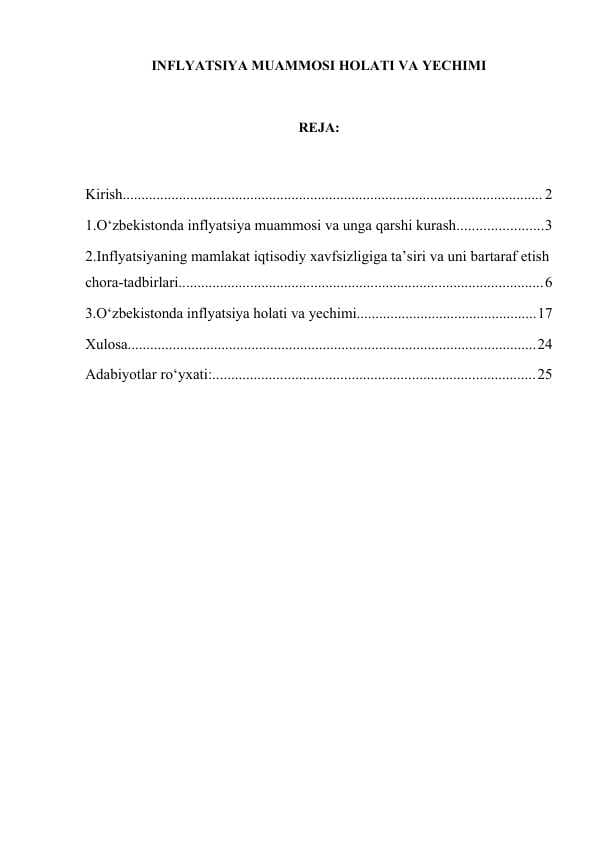 Inflyatsiya muammosi holati va yechimi