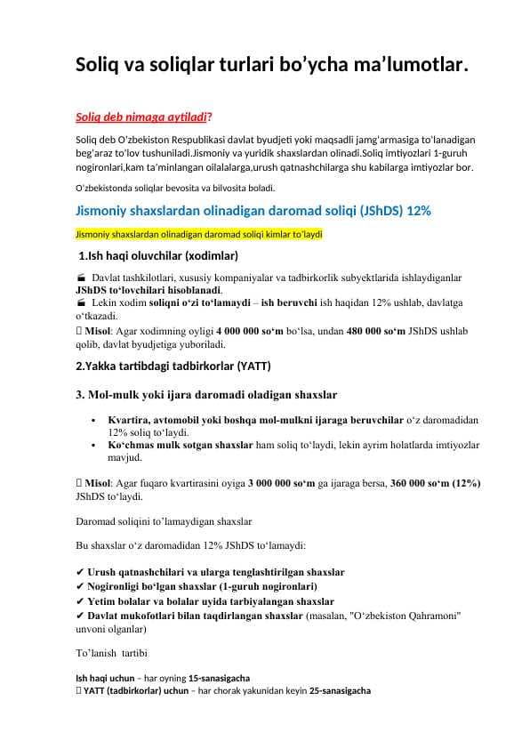 Soliq va soliqlar turlari bo’ycha ma’lumotlar pptx