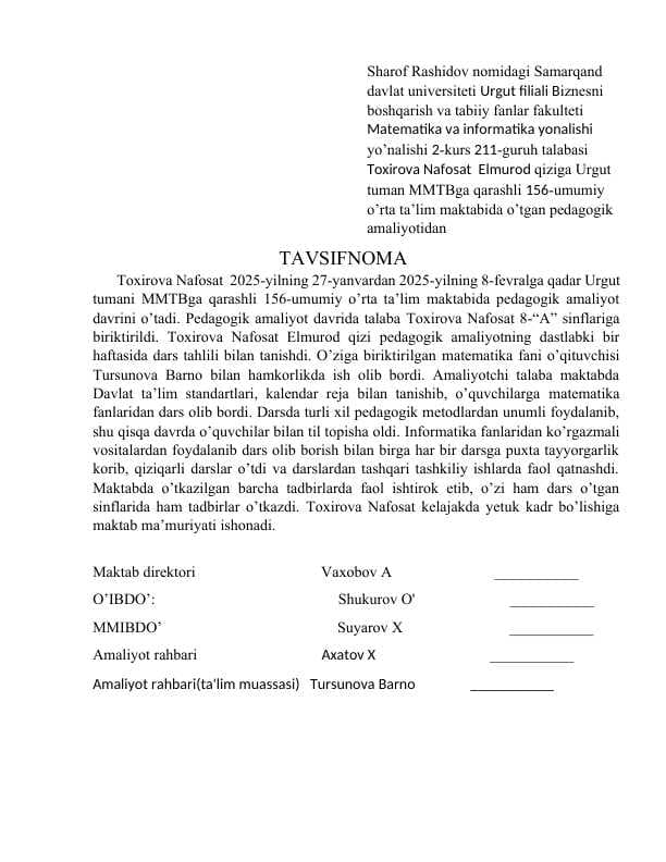 Tavsifnoma talabaga namuna
