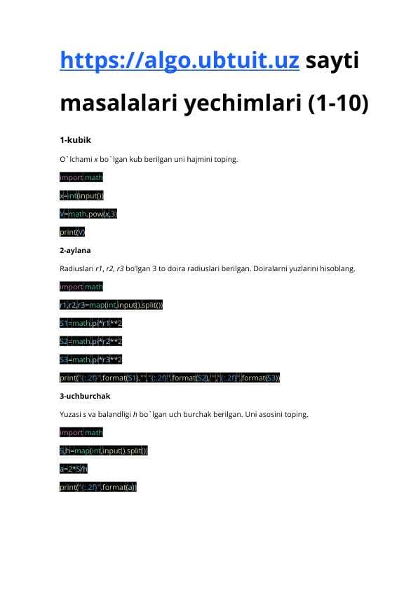 algo.ubtuit.uz sayti masalalari yechimlari (1-10)