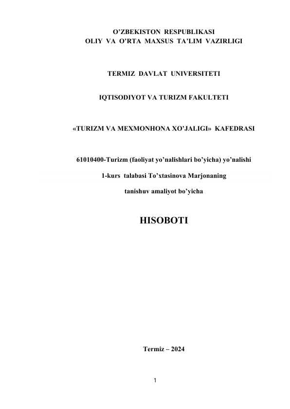 amaliyot hisoboti Surxon mehmonxonasi Termiz shahri