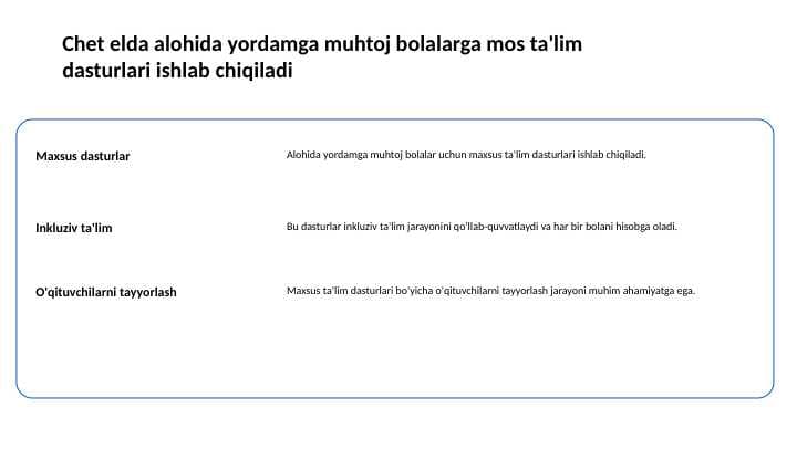 Chet elda alohida yordamga muhtoj bolalarga mos ta'lim dasturlari ishlab chiqiladi