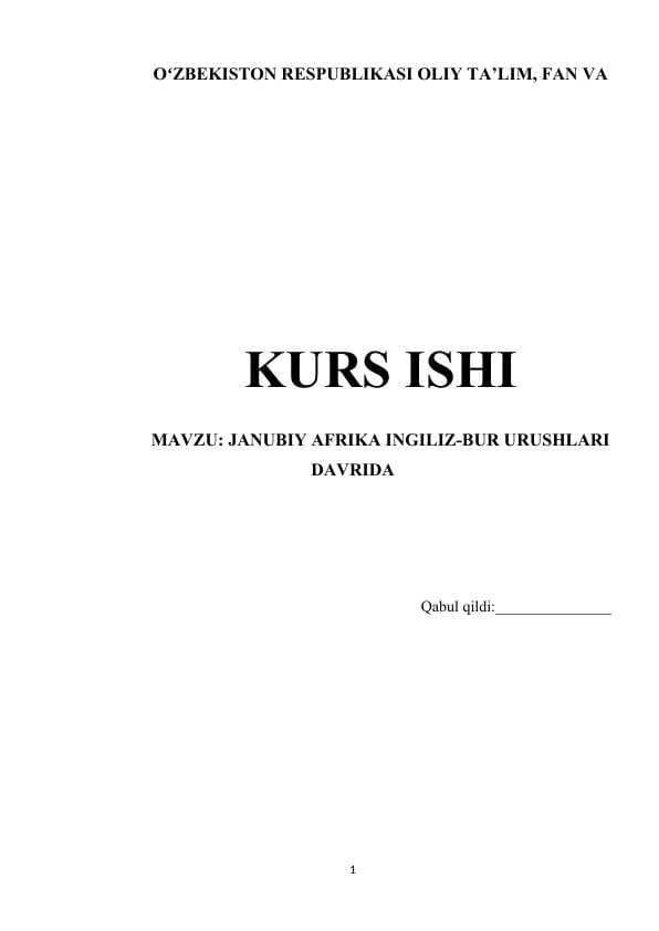 JANUBIY AFRIKA INGILIZ-BUR URUSHLARI DAVRIDA