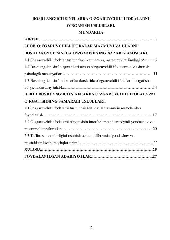 BOSHLANG‘ICH SINFLARDA O‘ZGARUVCHILI IFODALARNI O‘RGANISH USLUBLARI.