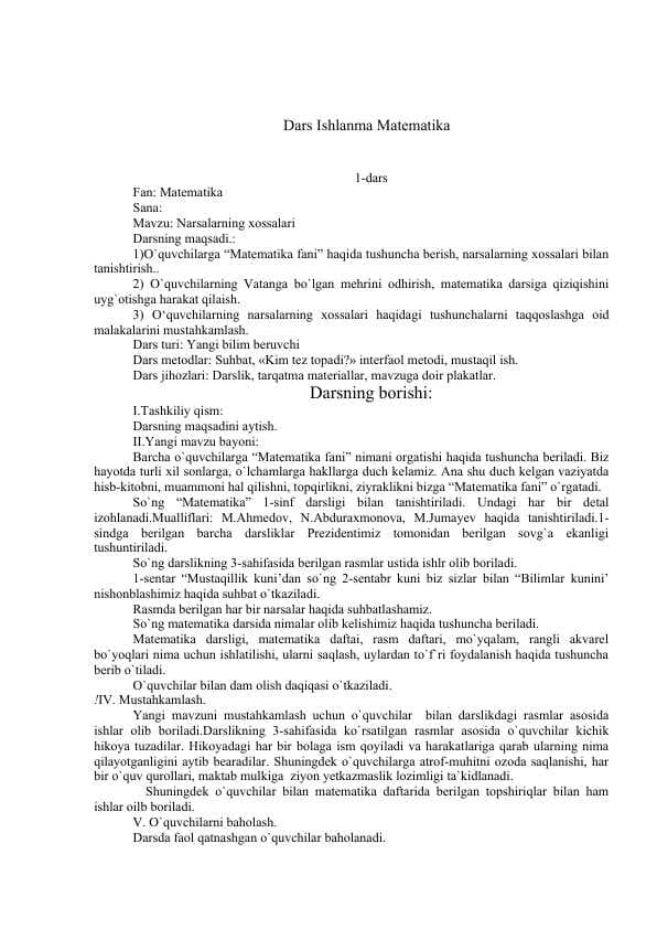 Narsalarning xossalari 1-sinf Matematika Dars Ishlanma