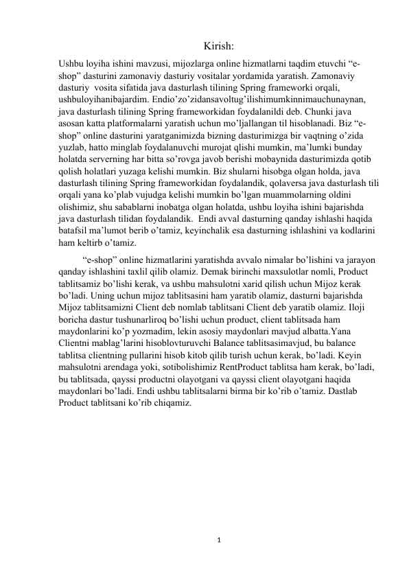 Mijozlarga onlayn hizmatlarni taqdim etuvchi “e-shop” dasturini zamonaviy dasturiy vositalar yordamida yaratish