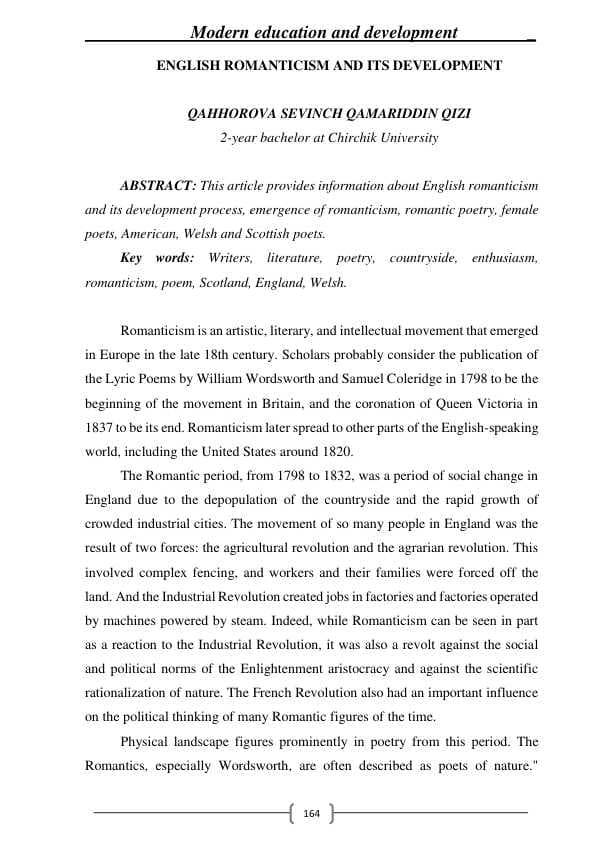 ENGLISH ROMANTICISM AND ITS DEVELOPMENT