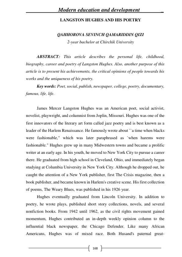 Maqola: LANGSTON HUGHES AND HIS POETRY
