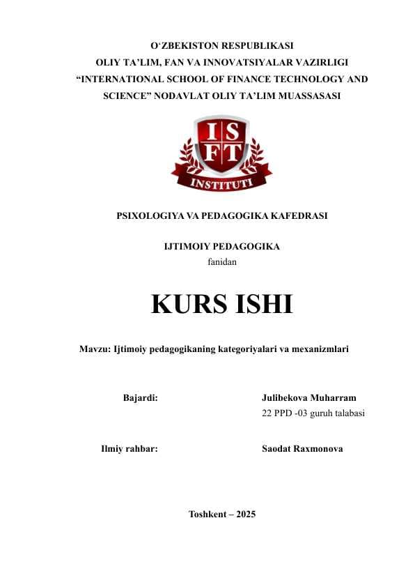 Ijtimoiy pedagogikaning kategoriyalari va mexanizmlari