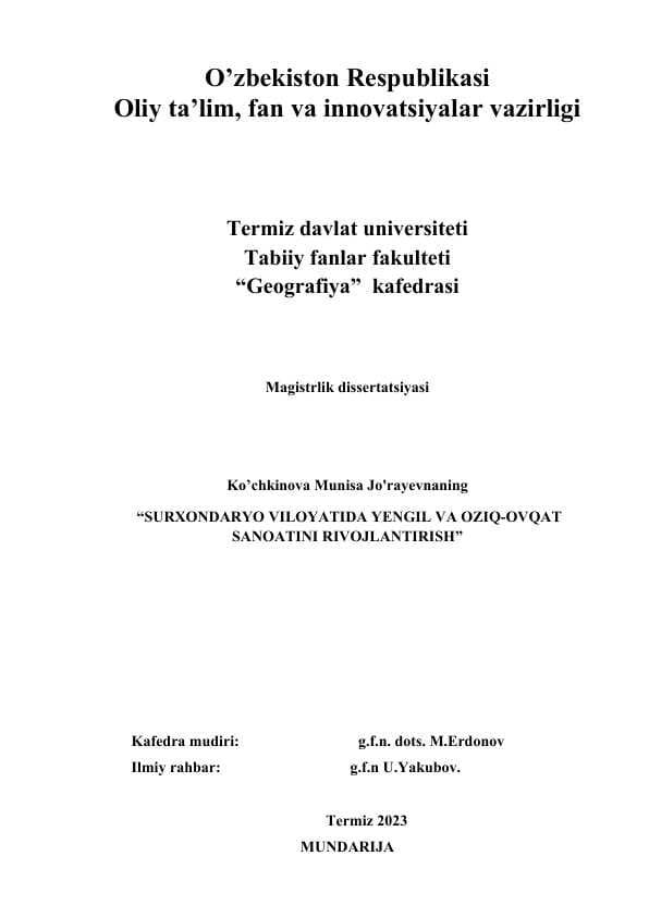 “SURXОNDАRYО VILОYАTIDА YENGIL VА ОZIQ-ОVQАT SАNОАTINI RIVОJLАNTIRISH” “SURXОNDАRYО VILОYАTIDА YENGIL VА ОZIQ-ОVQАT SАNОАTINI RIVОJLАNTIRISH”