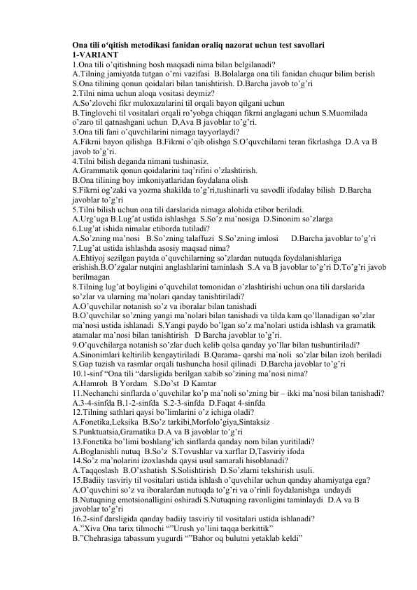 Ona tili oʻqitish metodikasi fanidan oraliq nazorat uchun test savollari