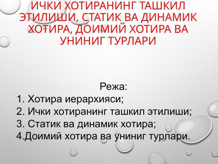 Хотира иерархияси, ички хотиранинг ташкил этилиши, статик ва динамик хотира, доимий хотира ва униниг турлари