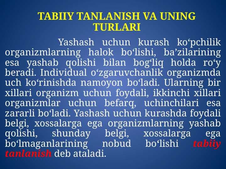 TABIIY TANLANISH VA UNING TURLARI