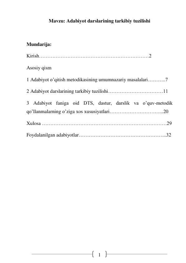 adabiyot darsini tashkil etish kurs ishi