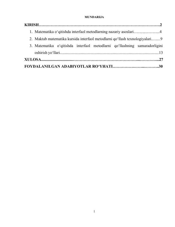 Maktabda matematika o'qitishda interfaol metodlardan foydalanish