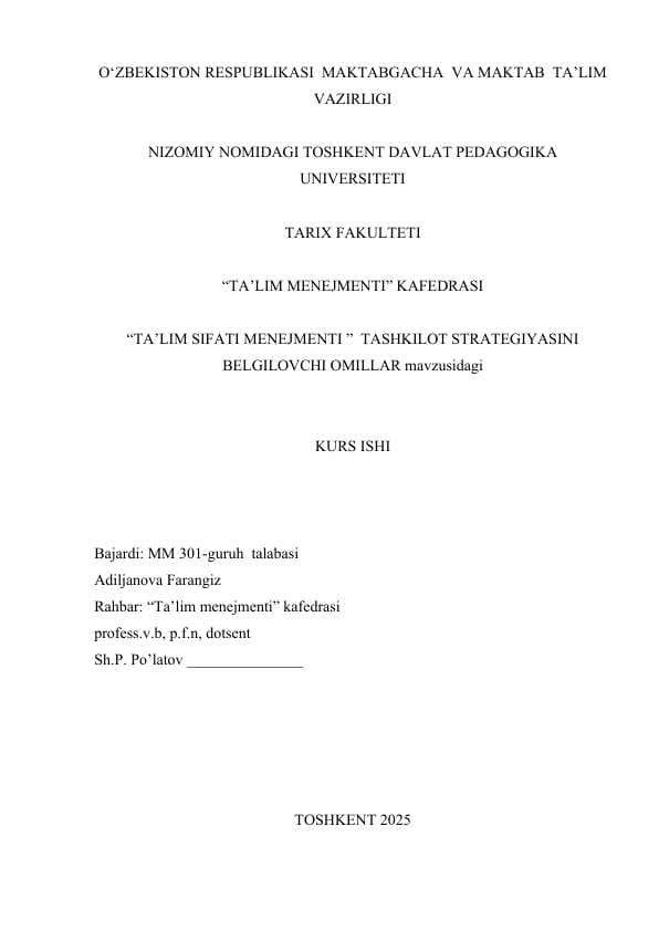 TASHKILOT STRATEGIYASINI BELGILOVCHI OMILLAR