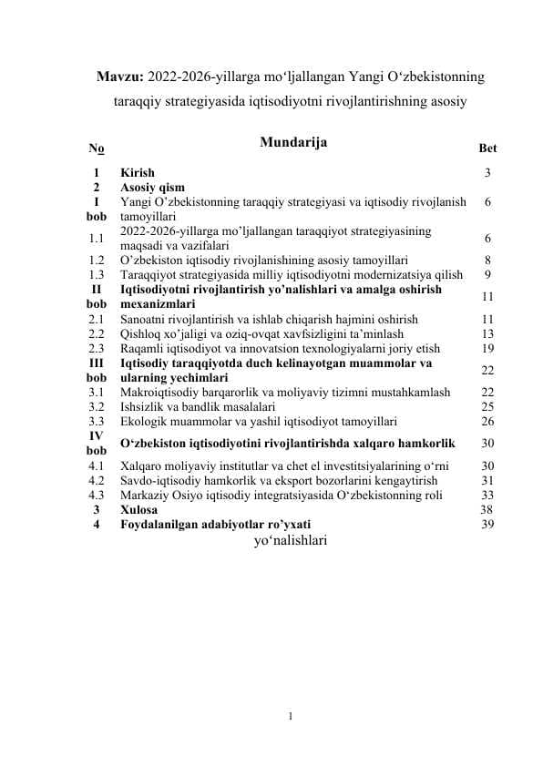 2022-2026-yillarga moʻljallangan Yangi Oʻzbekistonning taraqqiy strategiyasida iqtisodiyotni rivojlantirishning asosiy