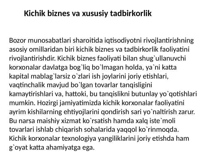Kichik biznes va xususiy tadbirkorlik